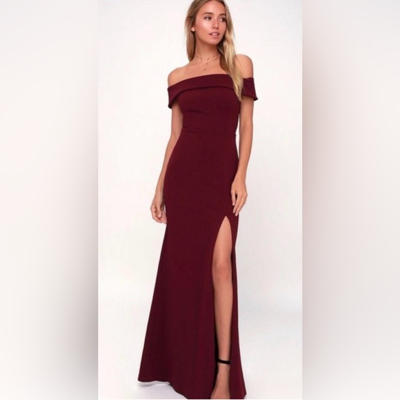 Lulus Aveline Burgundy Off-The-Shoulder Dress - Picture 1 of 3